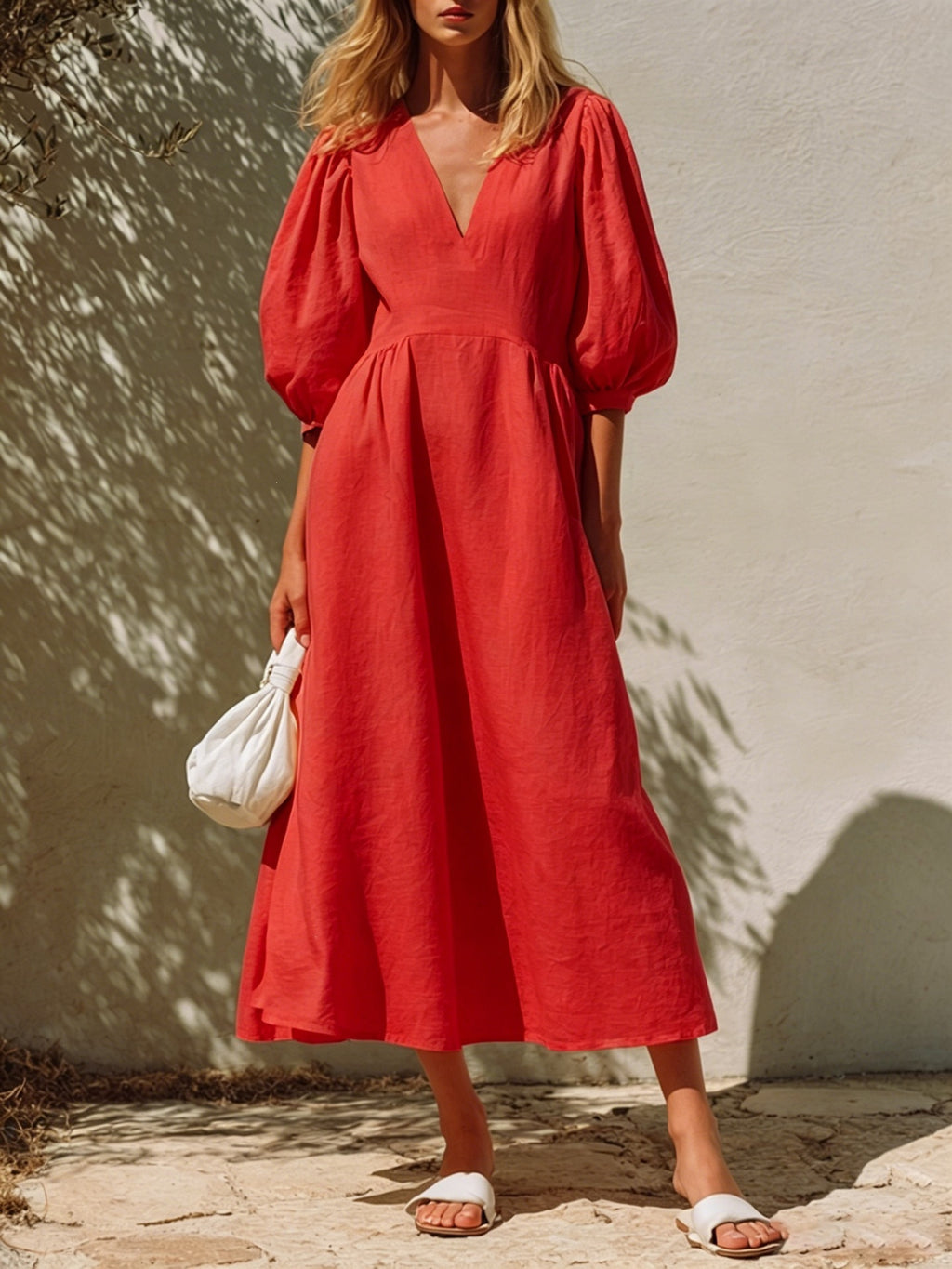 Puff Sleeve Pleated Waist A Line Midi Dress - Red