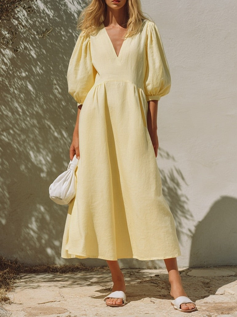 Puff Sleeve Pleated Waist A Line Midi Dress - Yellow