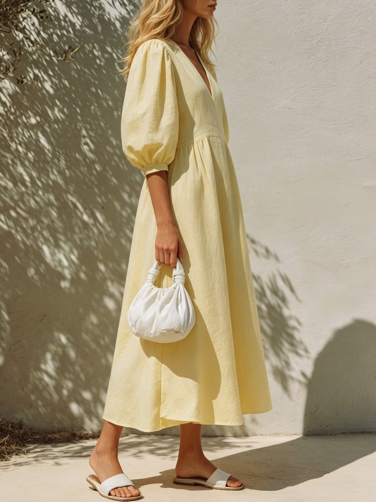 Puff Sleeve Pleated Waist A Line Midi Dress - Yellow - 1