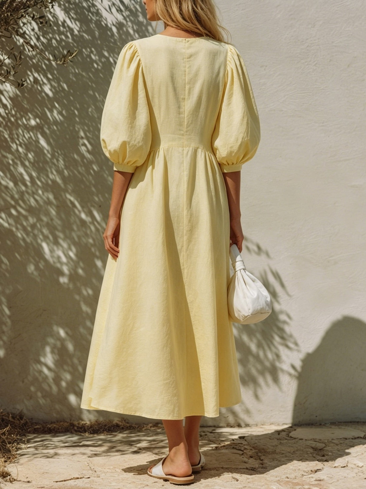 Puff Sleeve Pleated Waist A Line Midi Dress - Yellow - 2