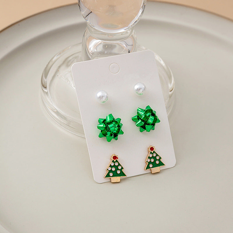 Gift Bow and Tree Stud Earring Set - Green