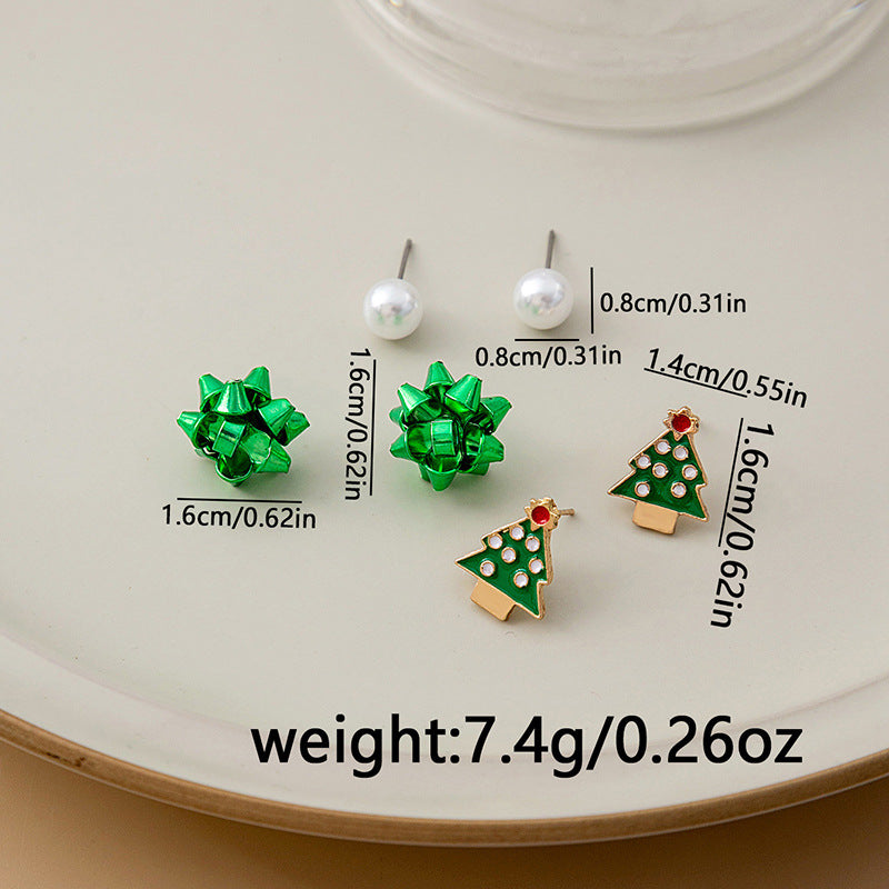 Gift Bow and Tree Stud Earring Set - Green - 1