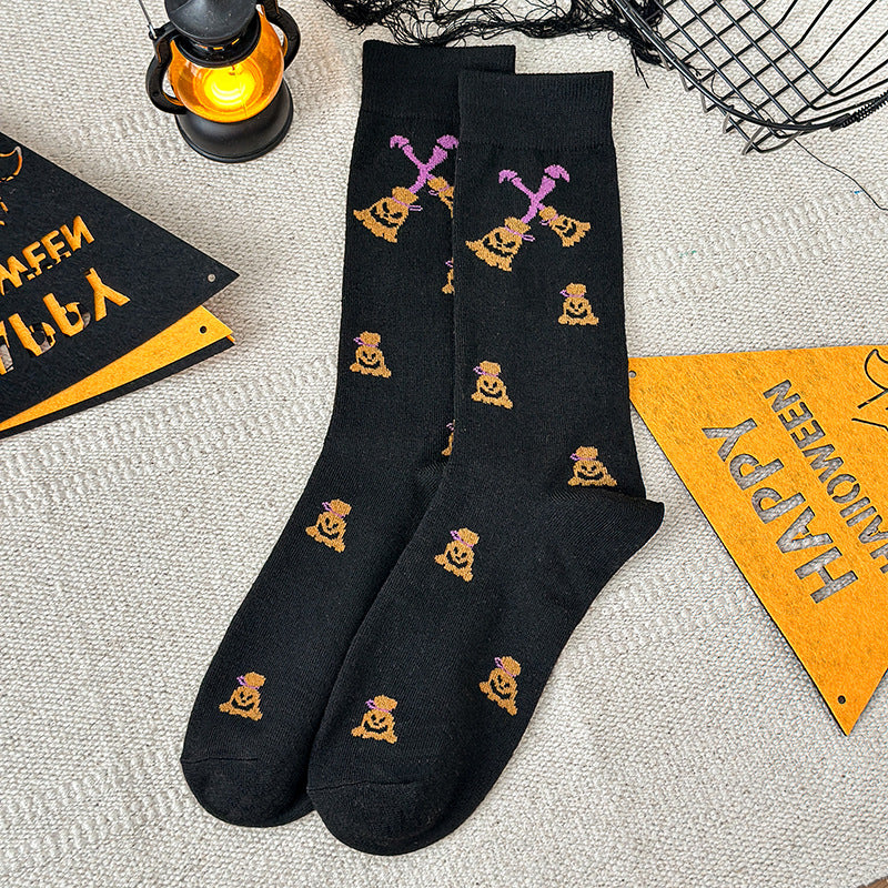 Halloween Crew Socks With Spooky Novelty Prints - Broom