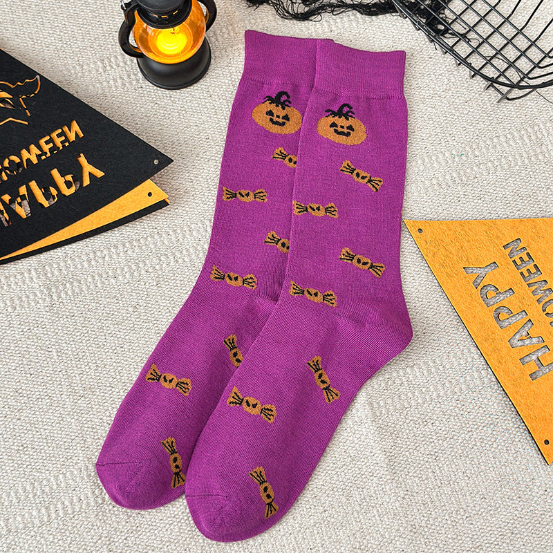 Halloween Crew Socks With Spooky Novelty Prints - Pumpkin