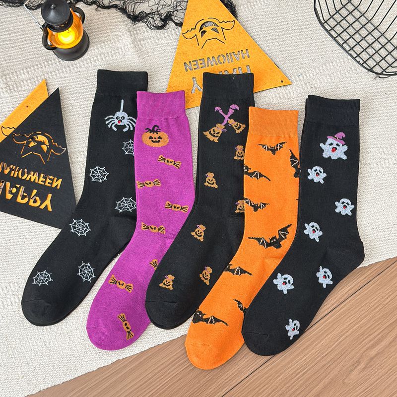 Halloween Crew Socks With Spooky Novelty Prints - Pumpkin - 1