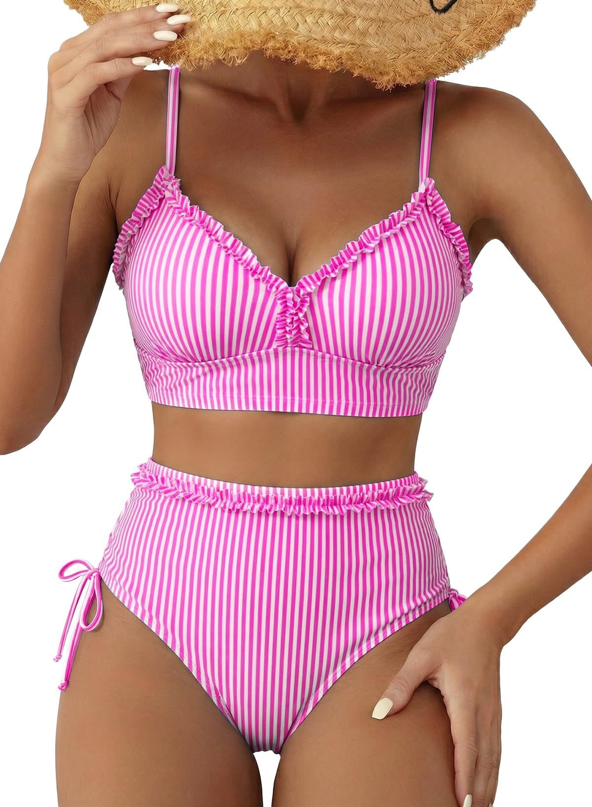 Retro Ruffle High-Waist Bikini with Side-Tie Bottoms - Pink