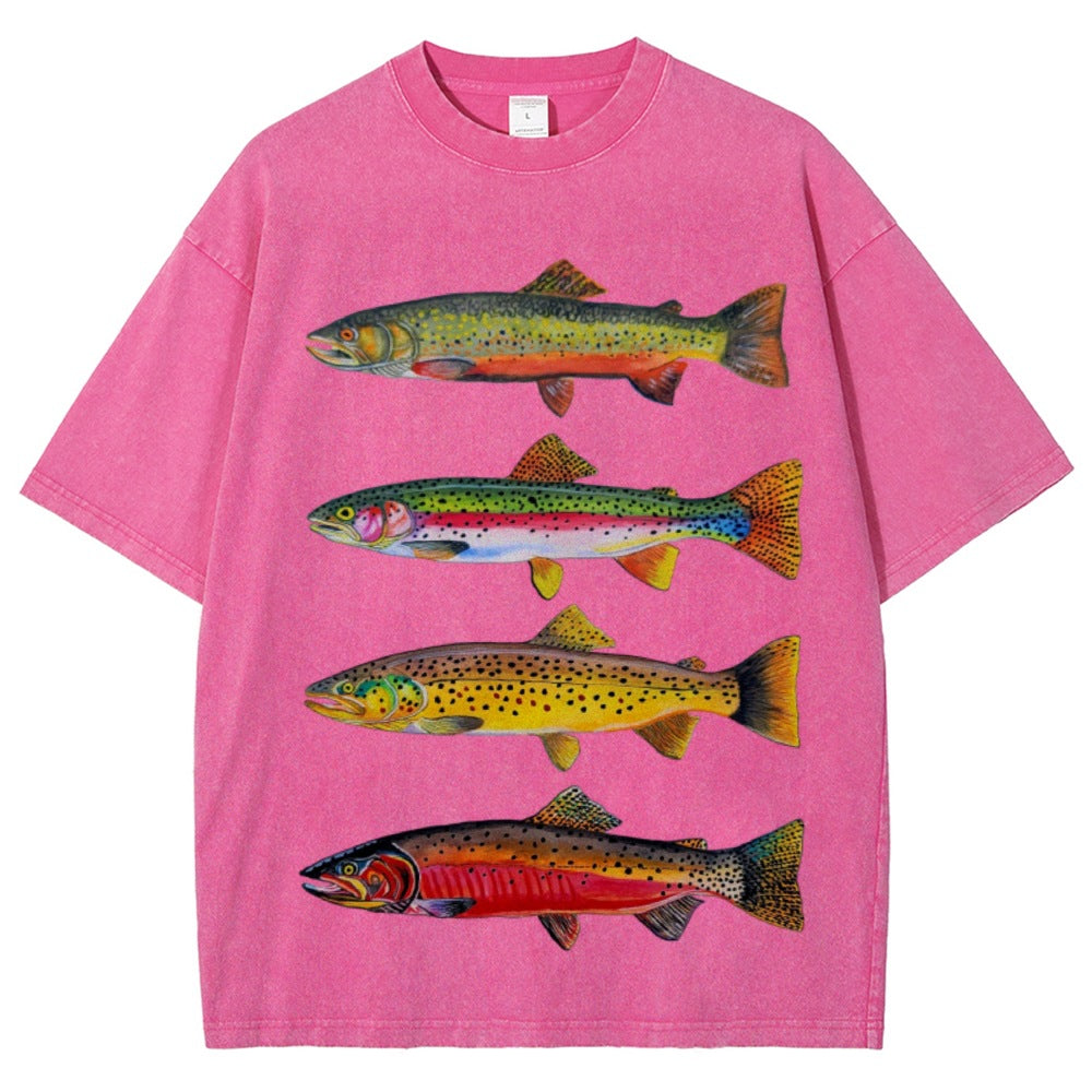 Vintage Wash Trout Print Oversized T-Shirt - Pink