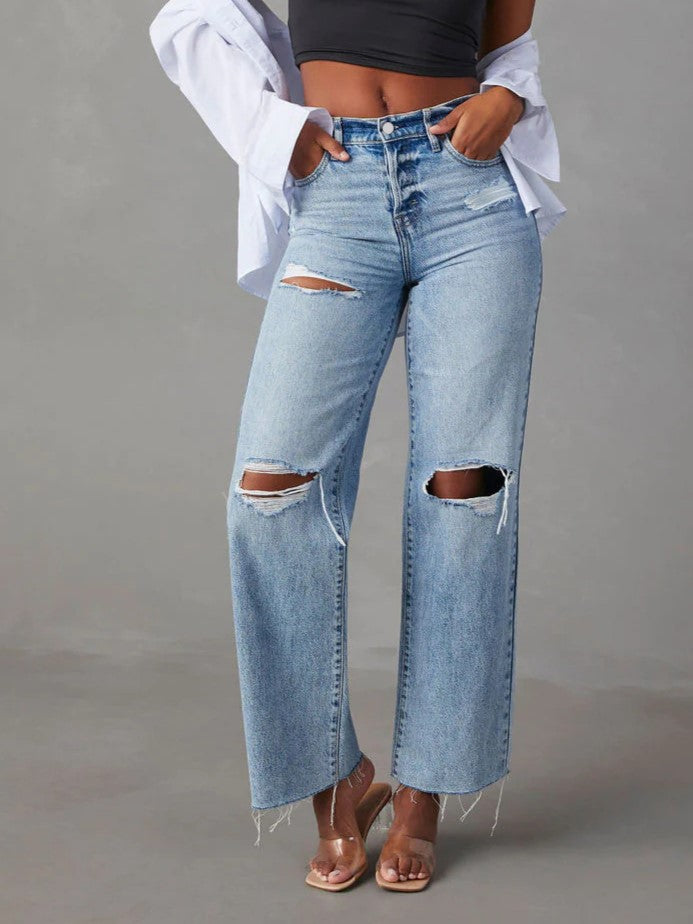 Raw Hem Ripped Knee Wide Leg Jeans - blue