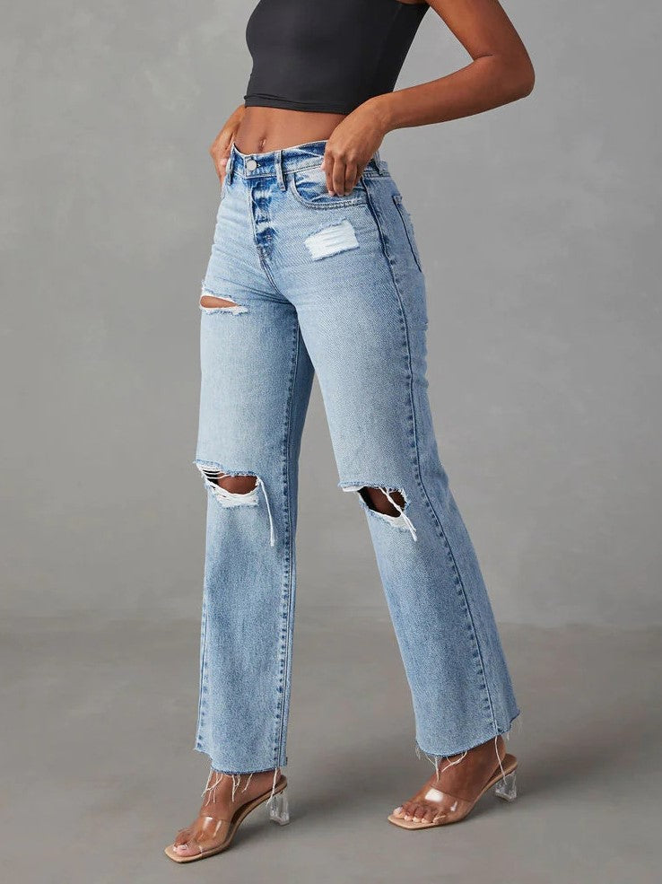 Raw Hem Ripped Knee Wide Leg Jeans - blue - 1