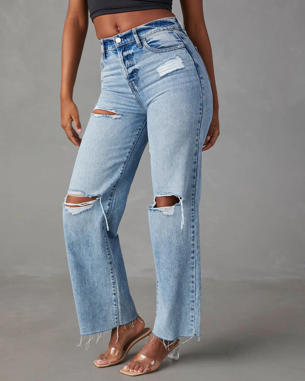 Raw Hem Ripped Knee Wide Leg Jeans - blue - 2