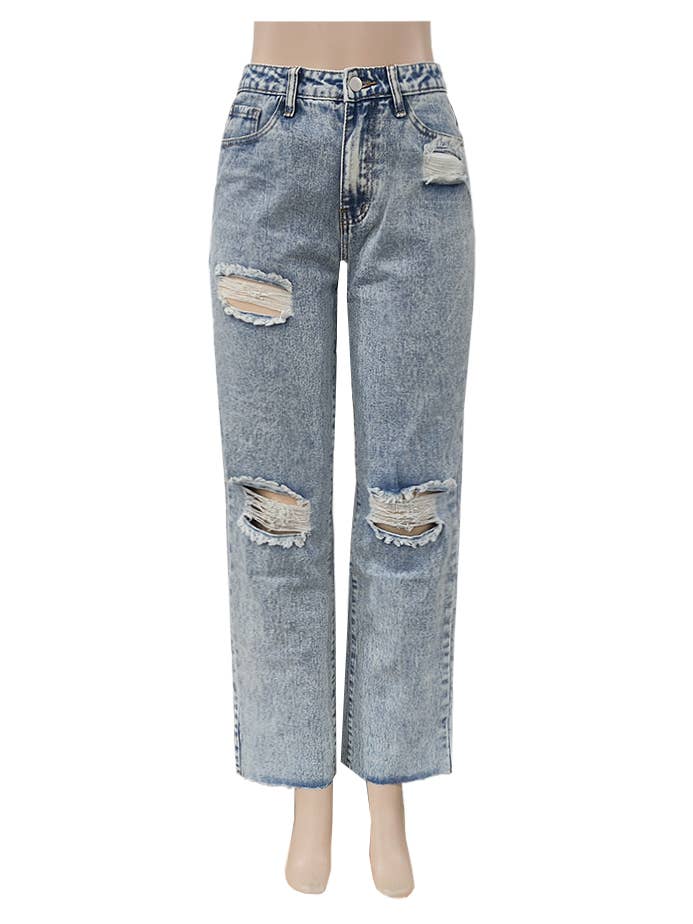 Raw Hem Ripped Knee Wide Leg Jeans