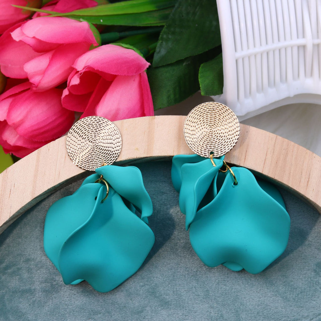 Matte Petal Drop Statement Earrings - Blue