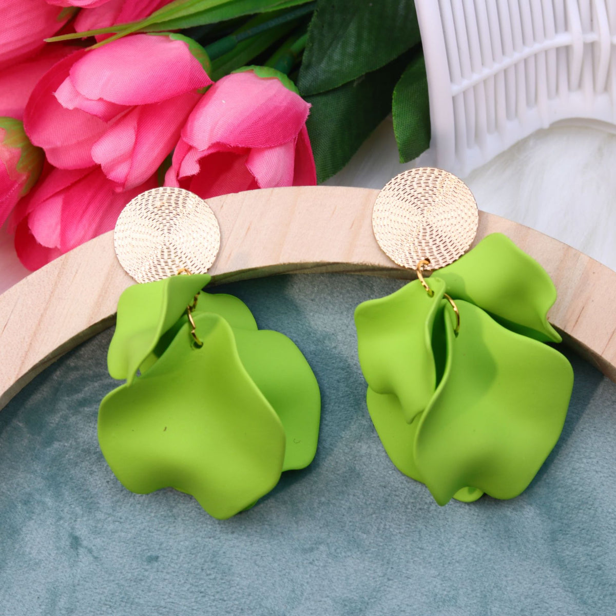 Matte Petal Drop Statement Earrings - Green
