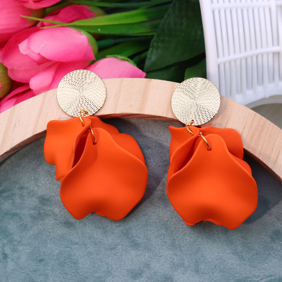 Matte Petal Drop Statement Earrings - Orange