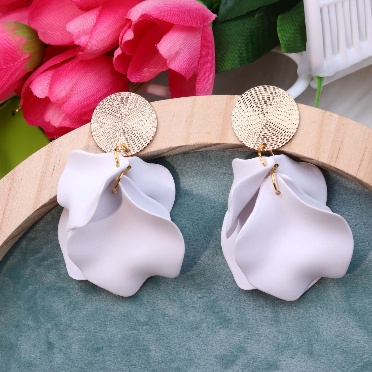 Matte Petal Drop Statement Earrings - White
