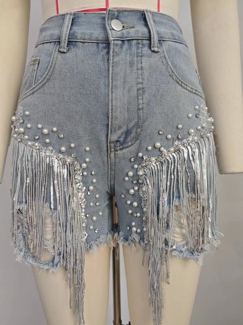 Pearl Beaded Fringe Trim Denim Shorts - Blue - 3