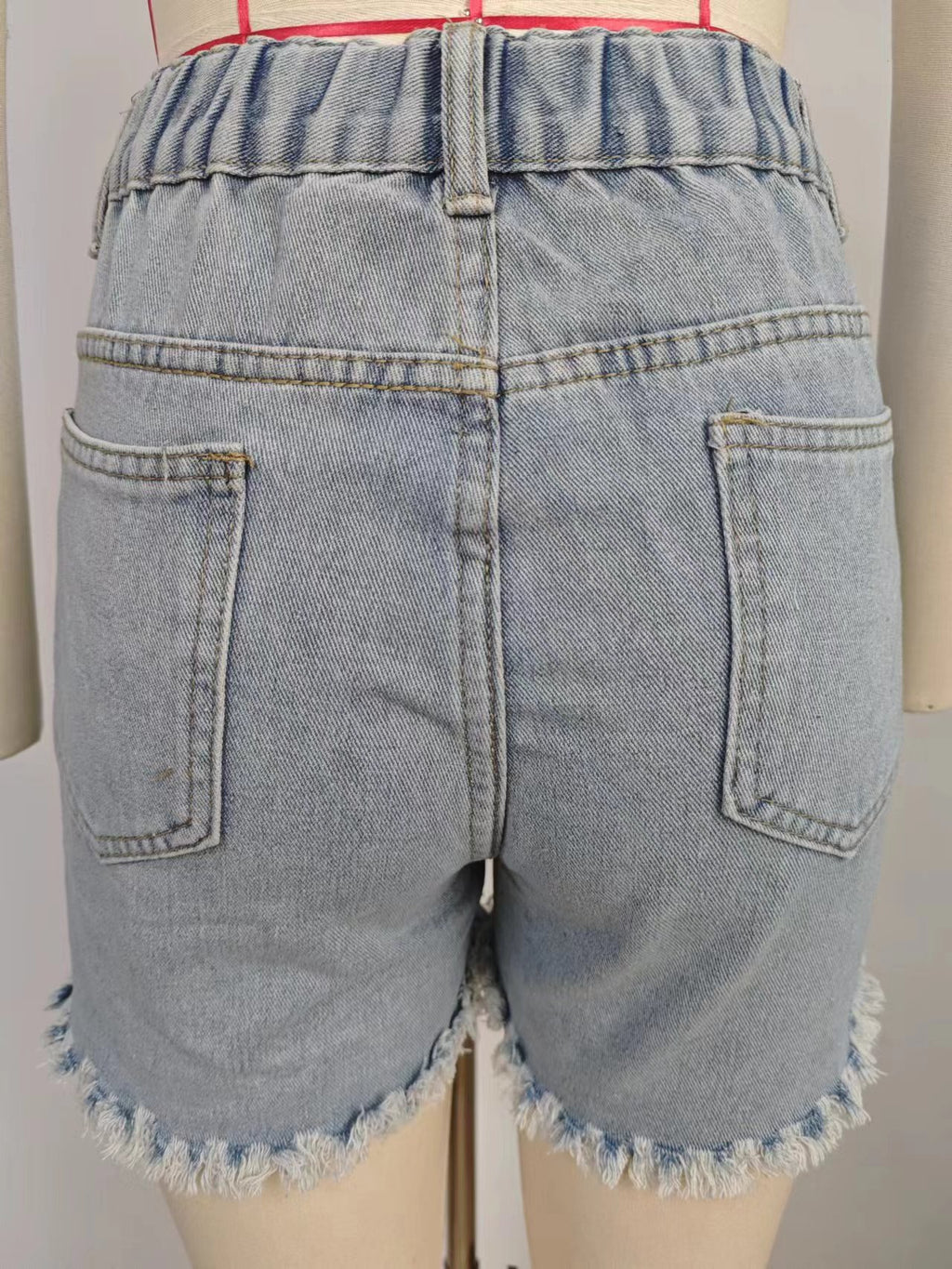 Pearl Beaded Fringe Trim Denim Shorts - Blue - 4