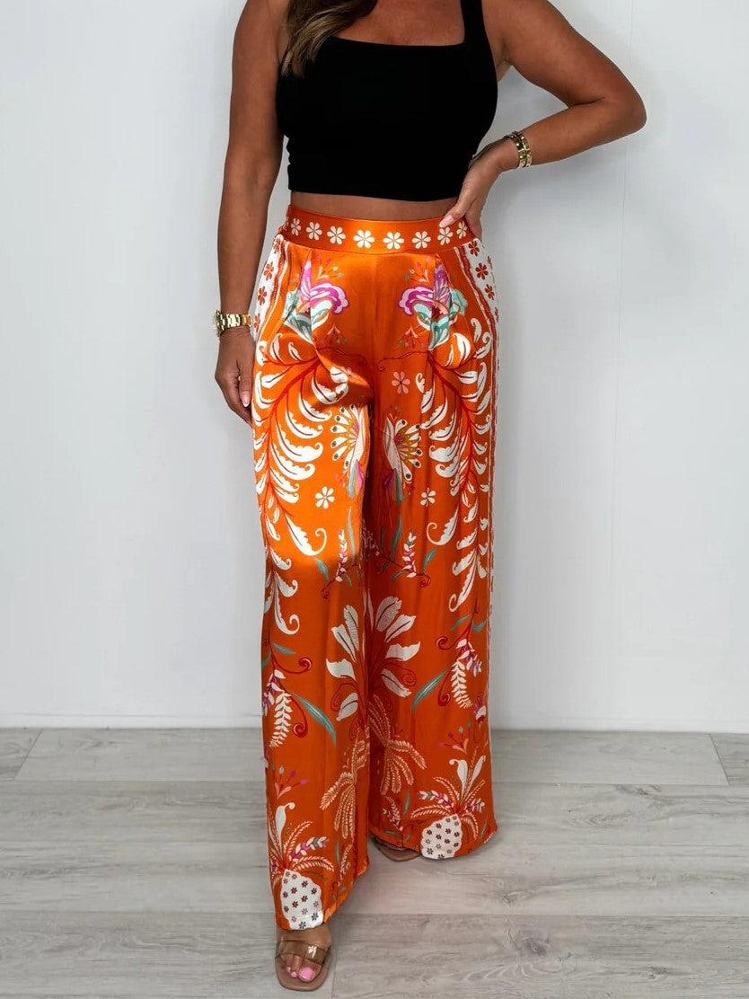 Floral Print Satin High Waist Palazzo Pants - Orange