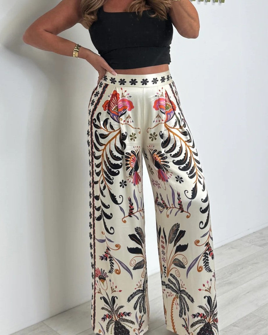 Floral Print Satin High Waist Palazzo Pants - White