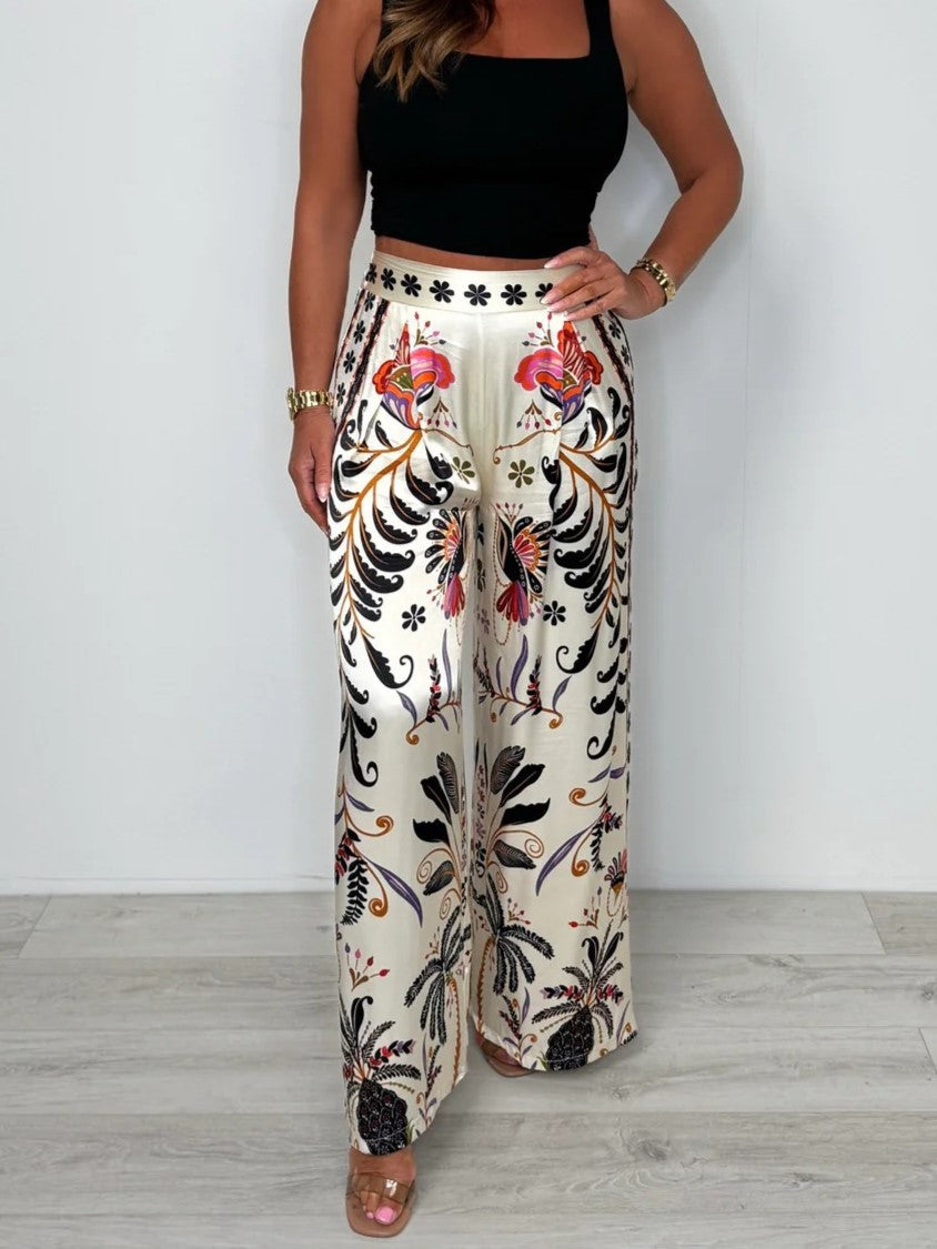 Floral Print Satin High Waist Palazzo Pants - White - 1