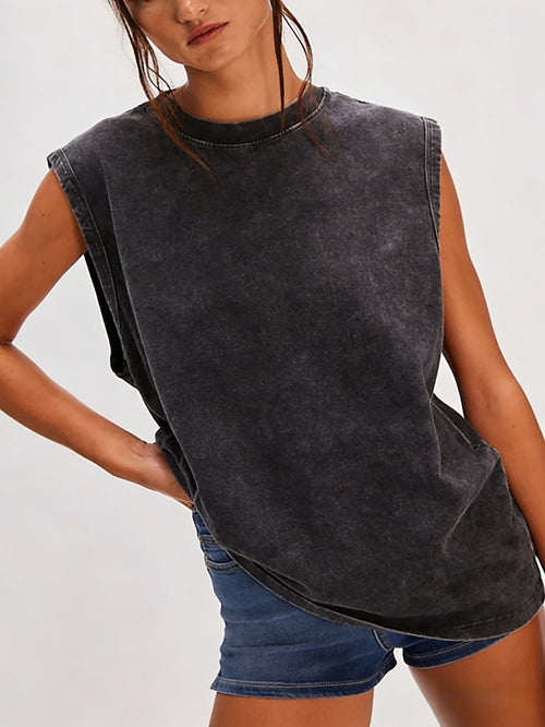 Acid Wash Sleeveless Muscle Tank Top - Black
