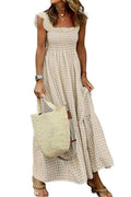 Checked Smocked Bodice Tiered Maxi Dress - Beige