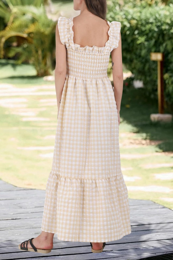 Checked Smocked Bodice Tiered Maxi Dress - Beige - 1