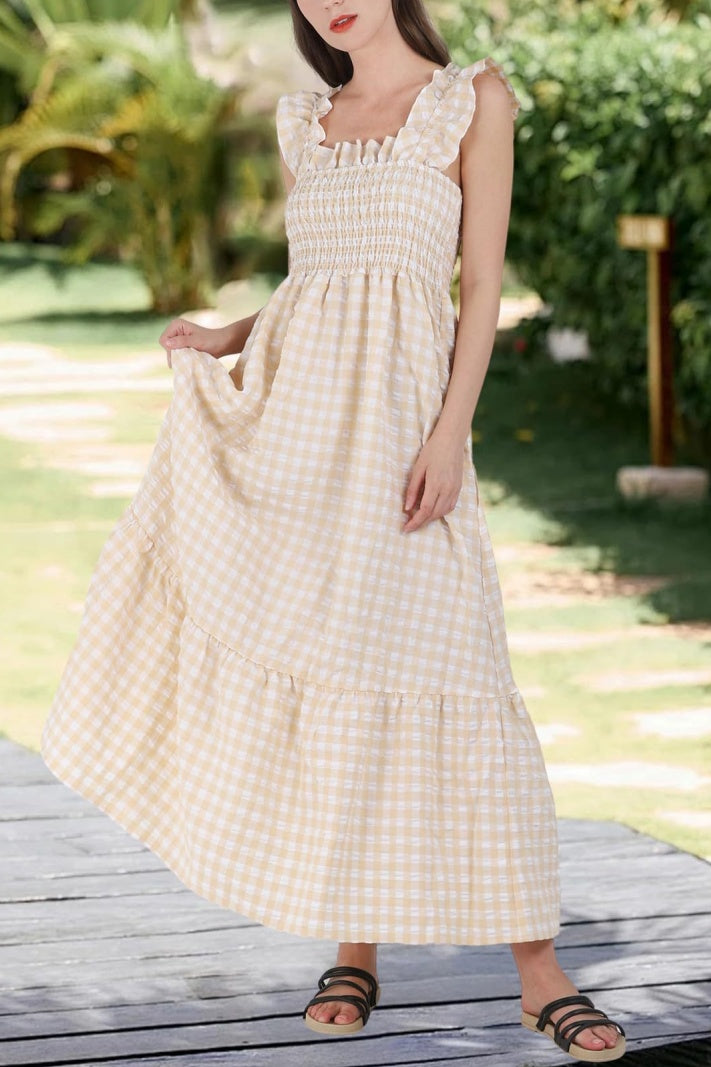 Checked Smocked Bodice Tiered Maxi Dress - Beige - 2