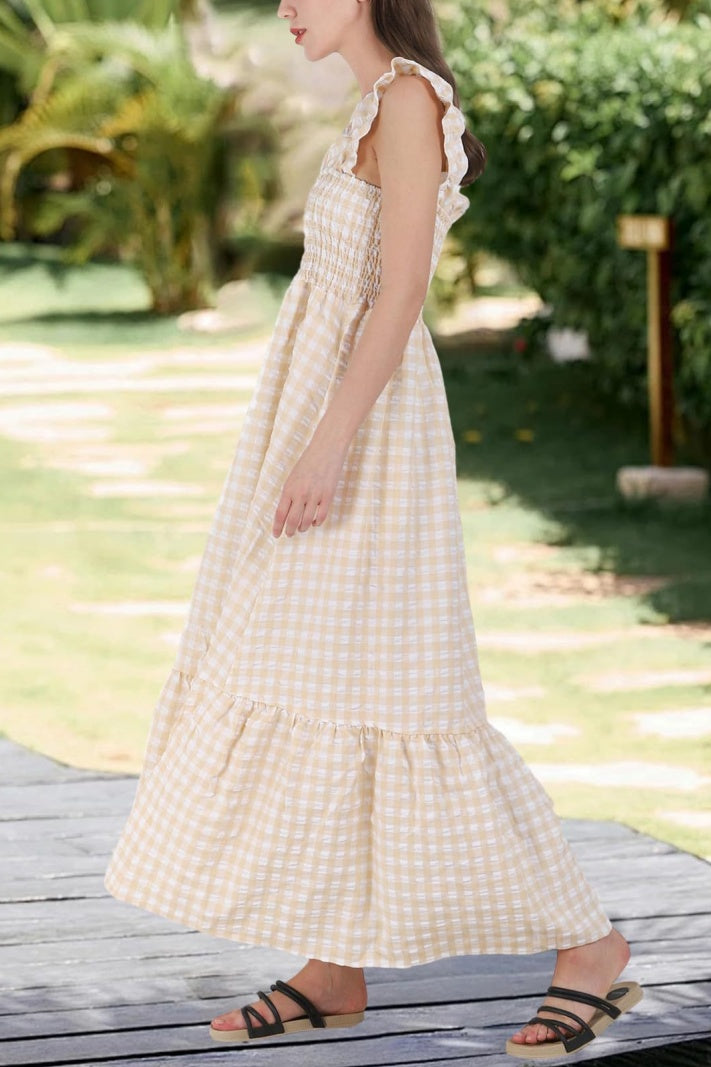 Checked Smocked Bodice Tiered Maxi Dress - Beige - 3