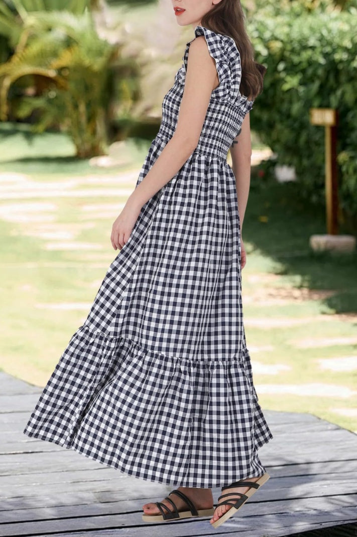 Checked Smocked Bodice Tiered Maxi Dress - Black - 1