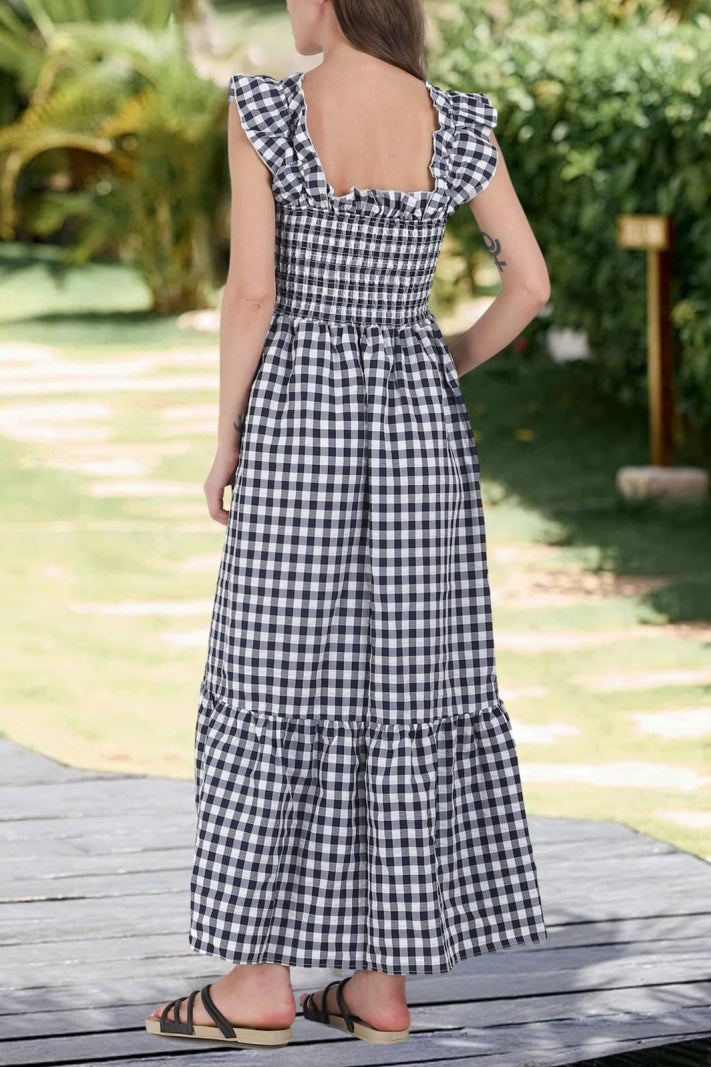 Checked Smocked Bodice Tiered Maxi Dress - Black - 2