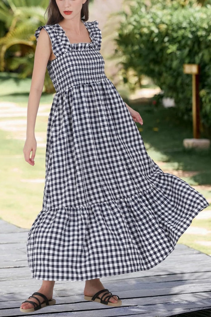 Checked Smocked Bodice Tiered Maxi Dress - Black - 3