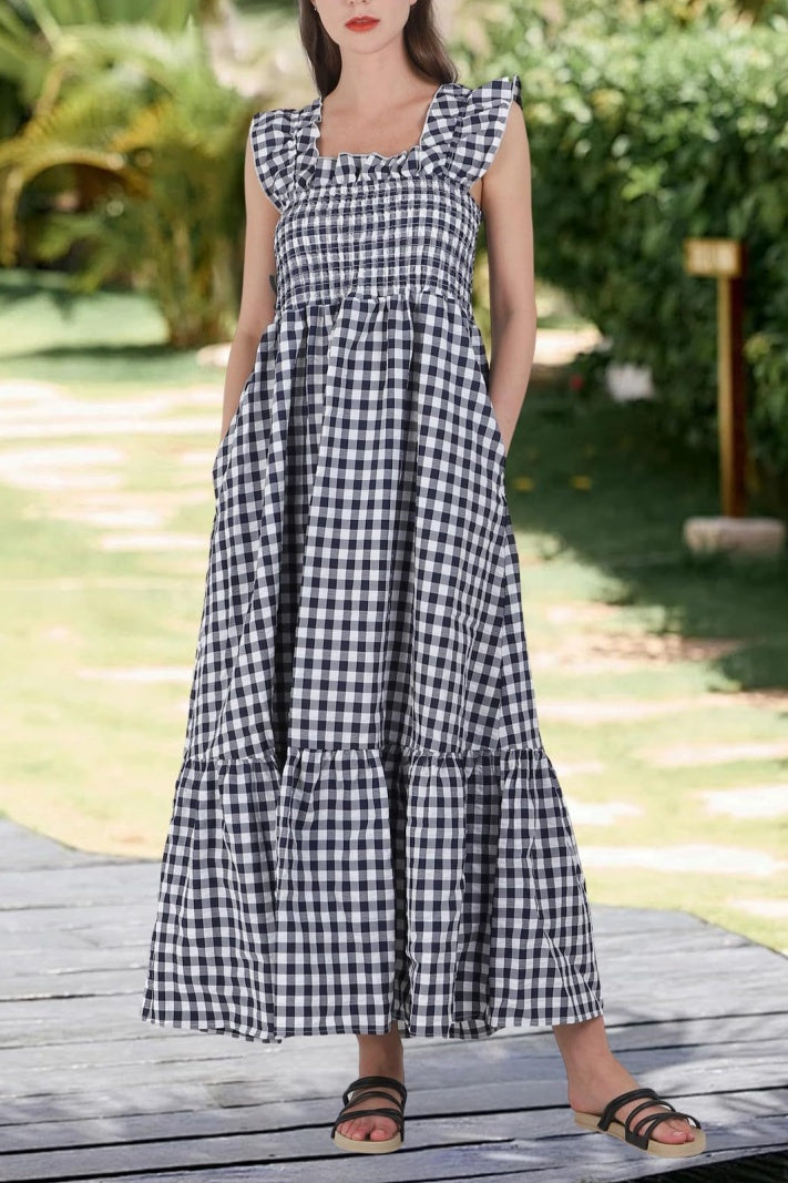 Checked Smocked Bodice Tiered Maxi Dress - Black - 4