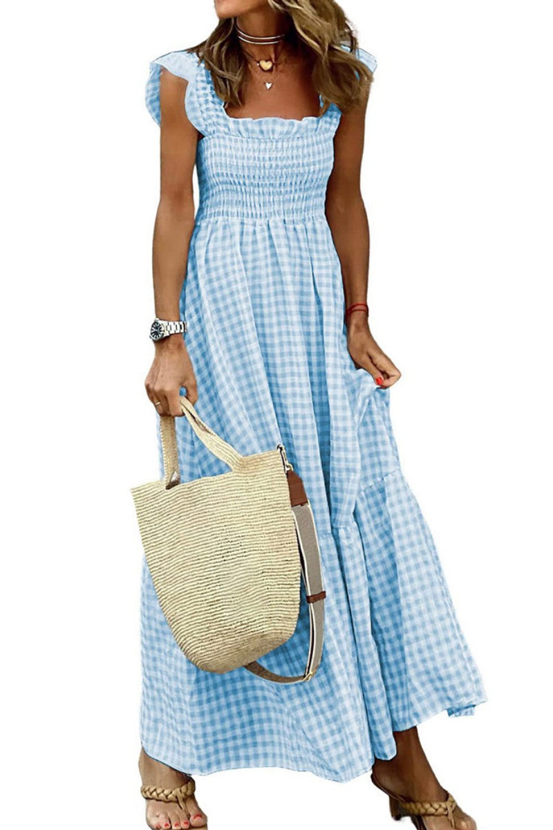 Checked Smocked Bodice Tiered Maxi Dress - Blue