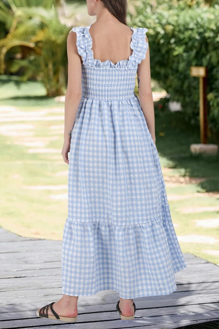 Checked Smocked Bodice Tiered Maxi Dress - Blue - 1