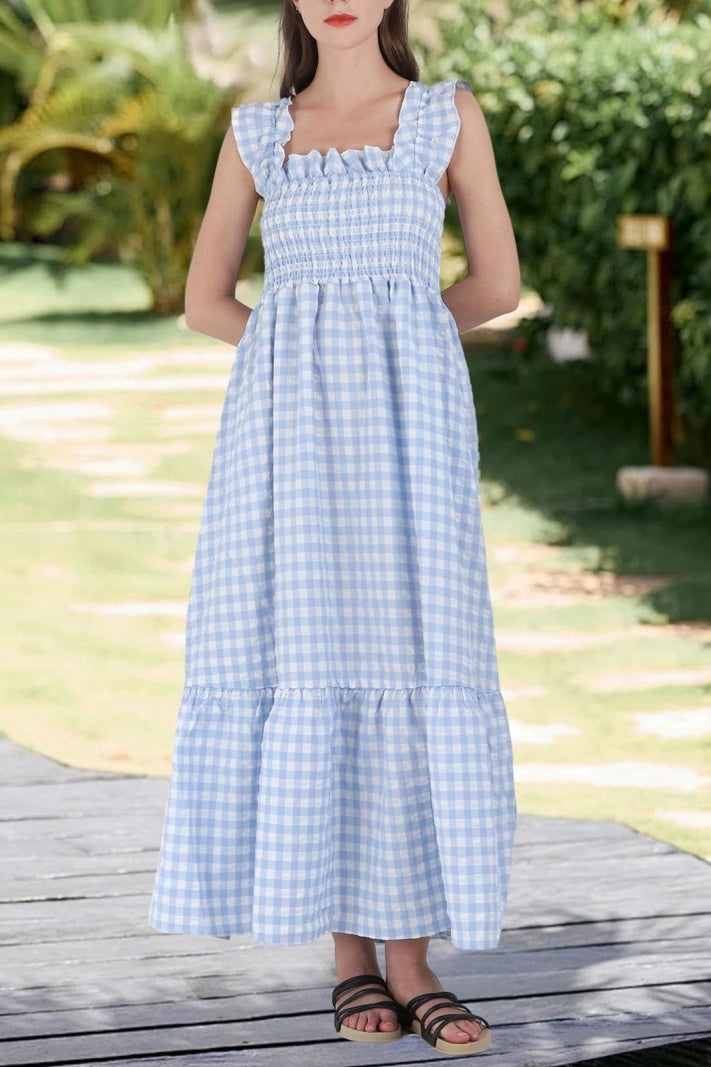 Checked Smocked Bodice Tiered Maxi Dress - Blue - 2