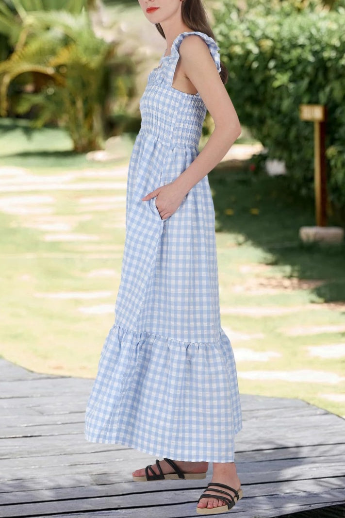 Checked Smocked Bodice Tiered Maxi Dress - Blue - 3