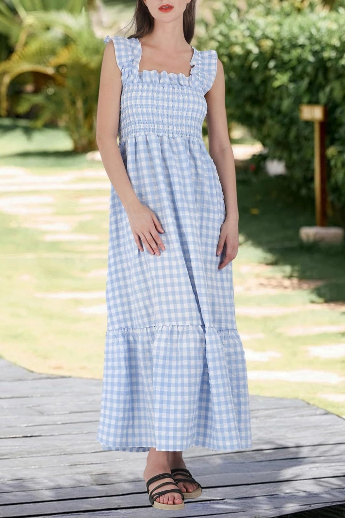 Checked Smocked Bodice Tiered Maxi Dress - Blue - 4