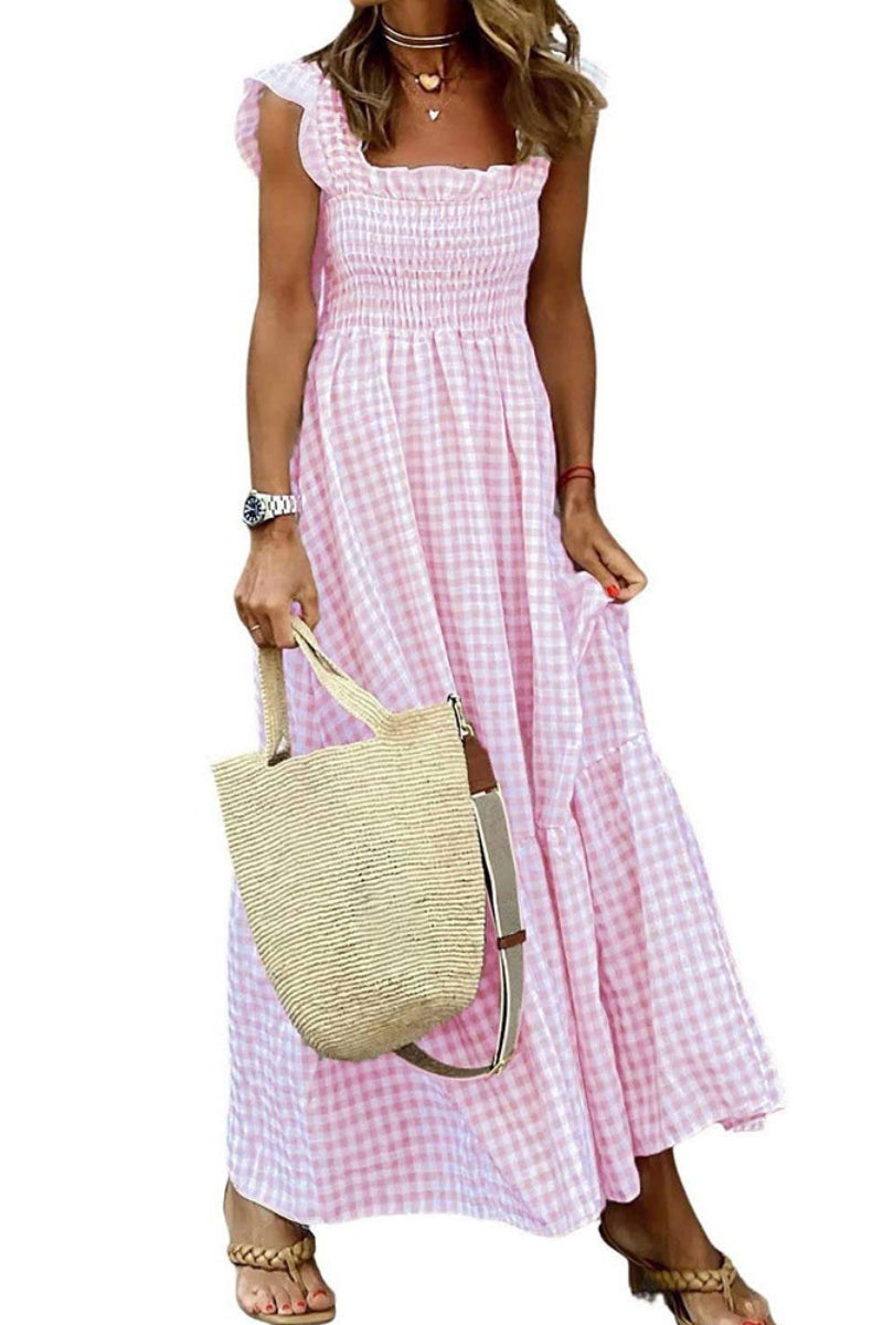 Checked Smocked Bodice Tiered Maxi Dress - Pink