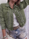 Studded Cropped Vintage Wash Denim Jacket - Green