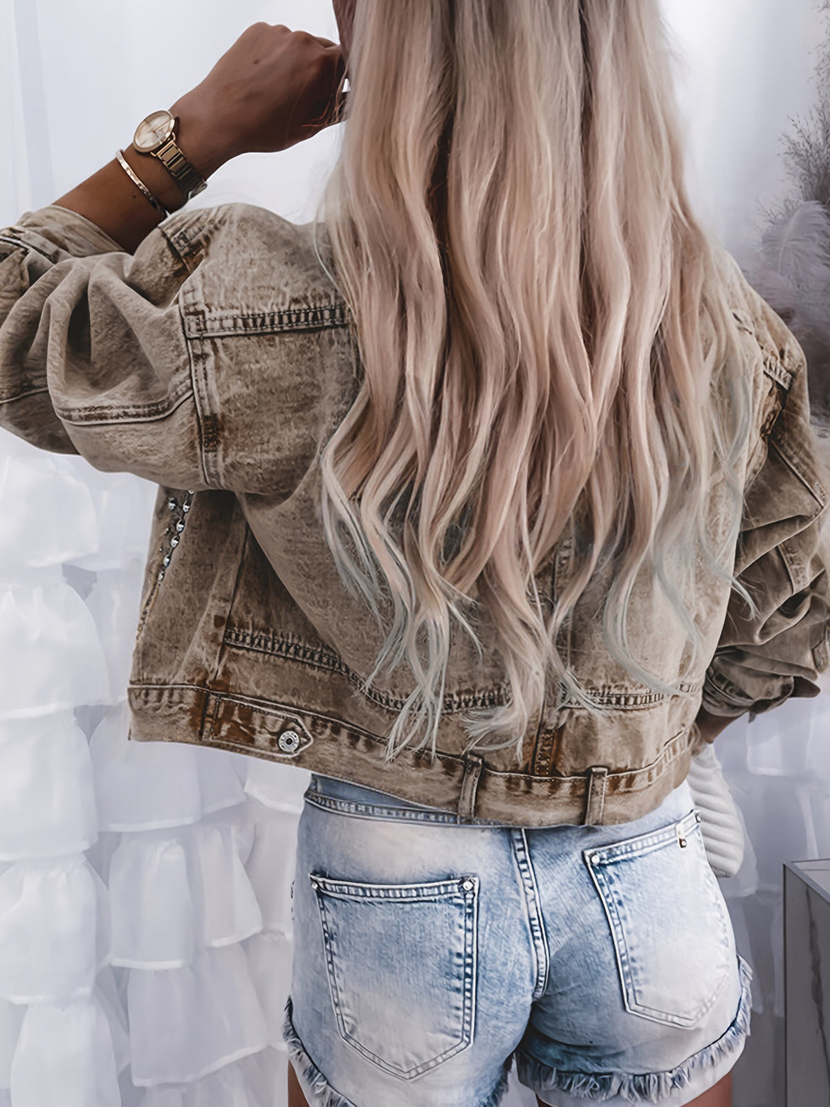 Studded Cropped Vintage Wash Denim Jacket - view 2
