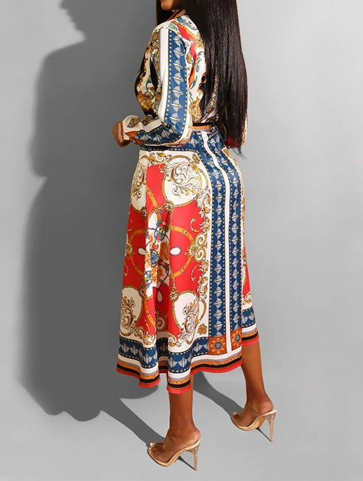 Baroque Scarf Print Belted Midi Shirt Dress - Red
