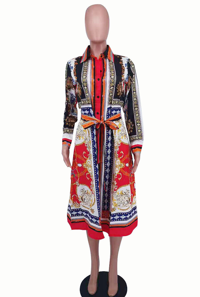 Baroque Scarf Print Belted Midi Shirt Dress - Red - 1