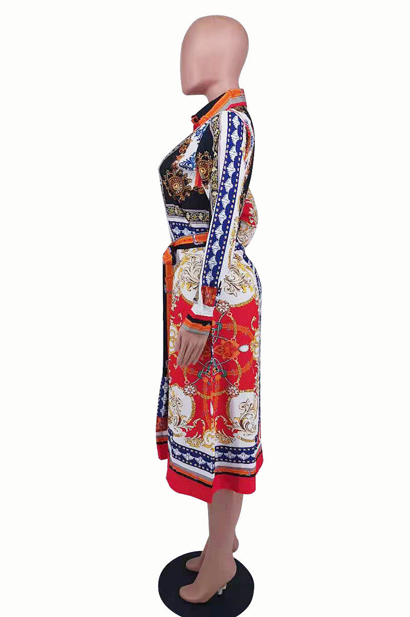 Baroque Scarf Print Belted Midi Shirt Dress - Red - 2