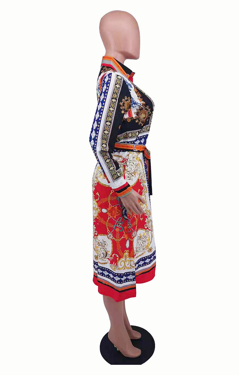 Baroque Scarf Print Belted Midi Shirt Dress - Red - 3