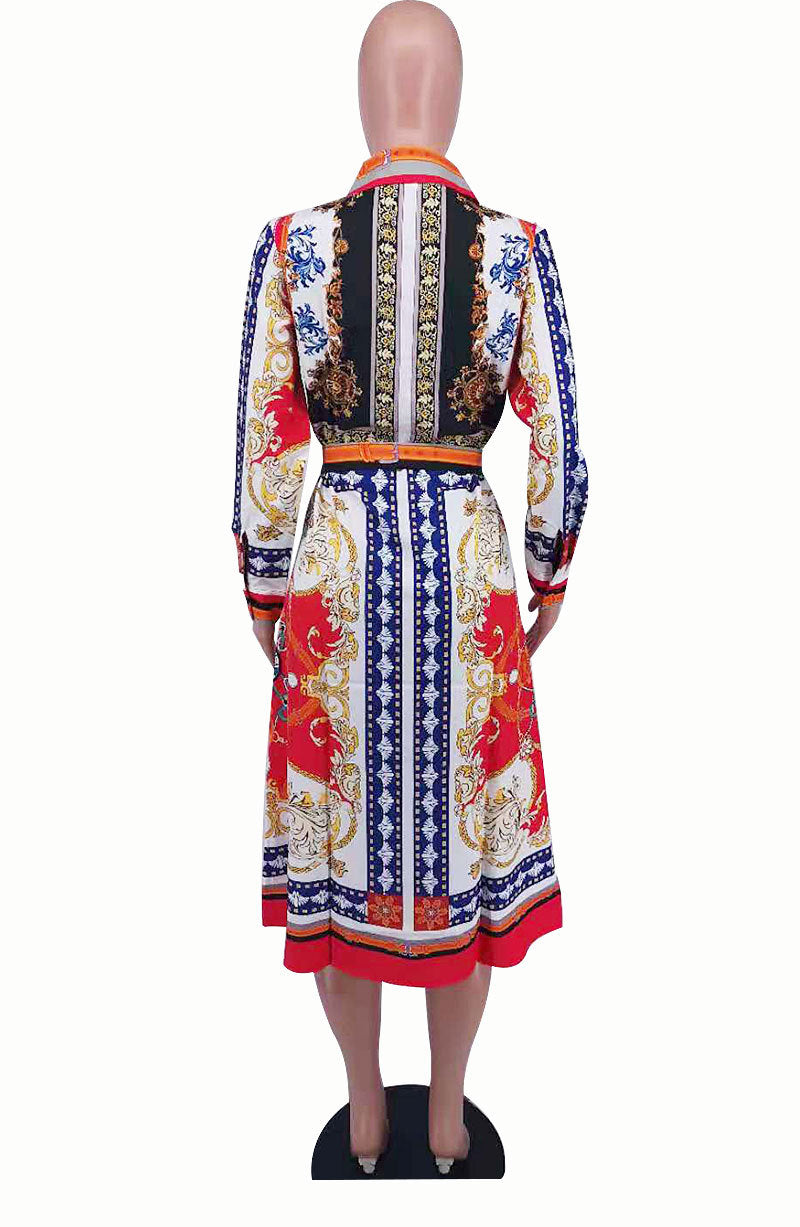 Baroque Scarf Print Belted Midi Shirt Dress - Red - 4