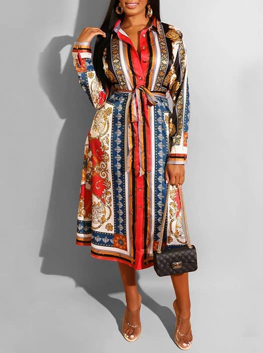 Baroque Scarf Print Belted Midi Shirt Dress