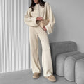 Zip Up Jacket and Wide Leg Pants Set - Apricot