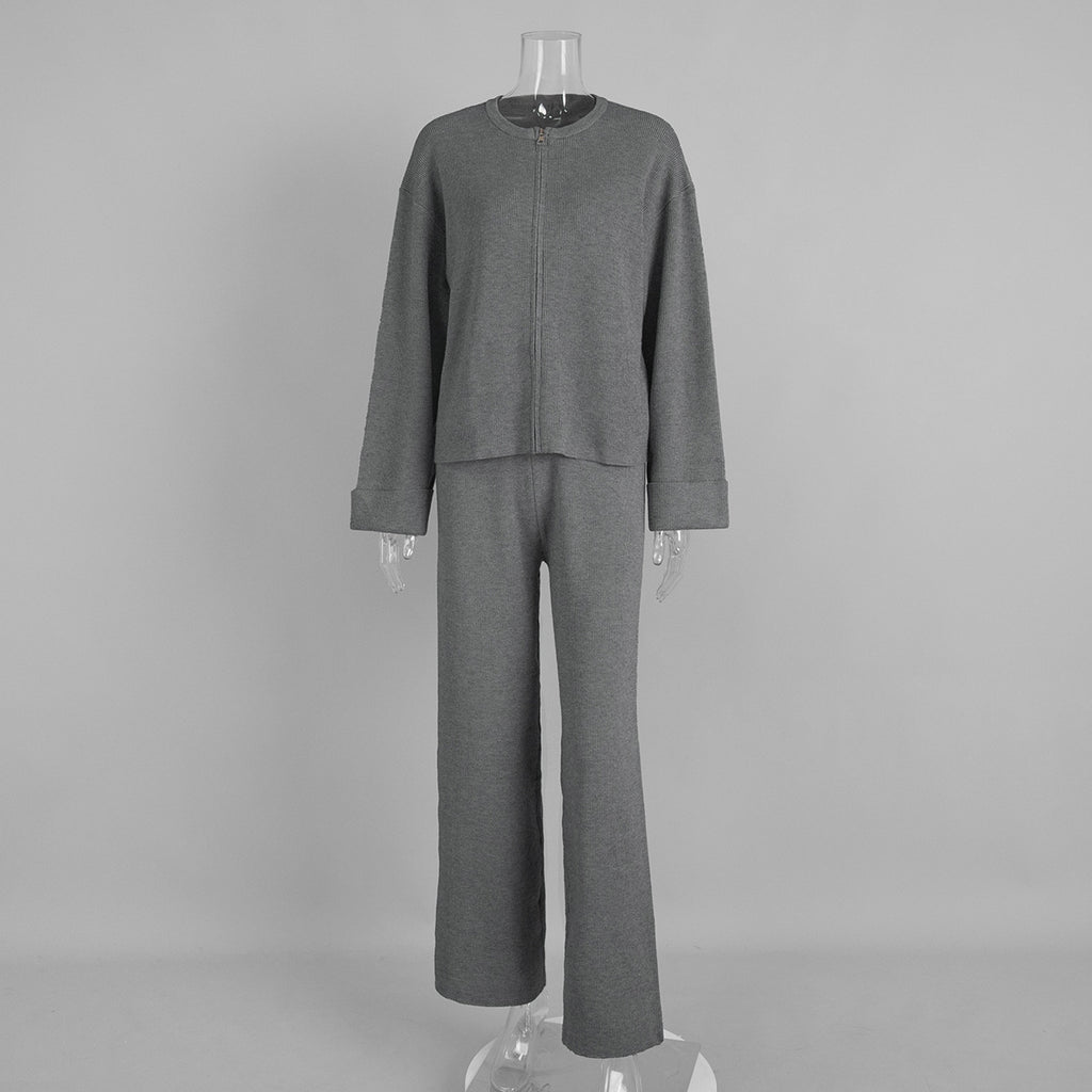 Zip Up Jacket and Wide Leg Pants Set - Grey