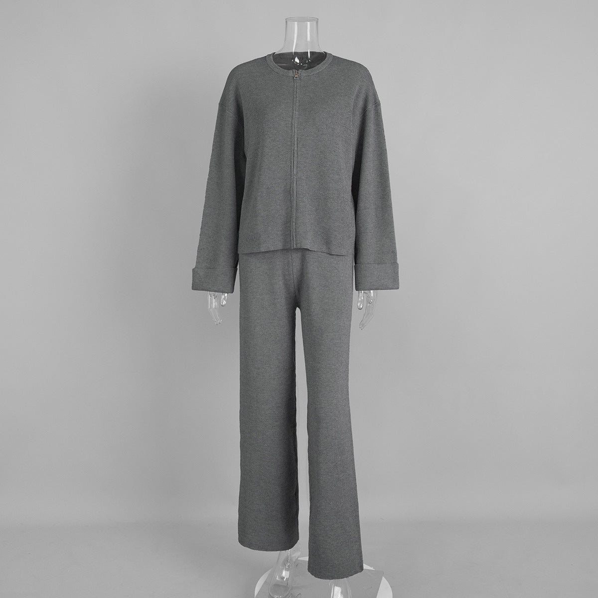 Zip Up Jacket and Wide Leg Pants Set - Grey